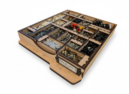 wooden box with smaller wooden boxes inside it that ocntain various hardware