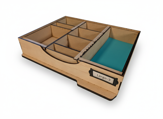 Wooden storage box with small wooden boxes inside it on a white background
