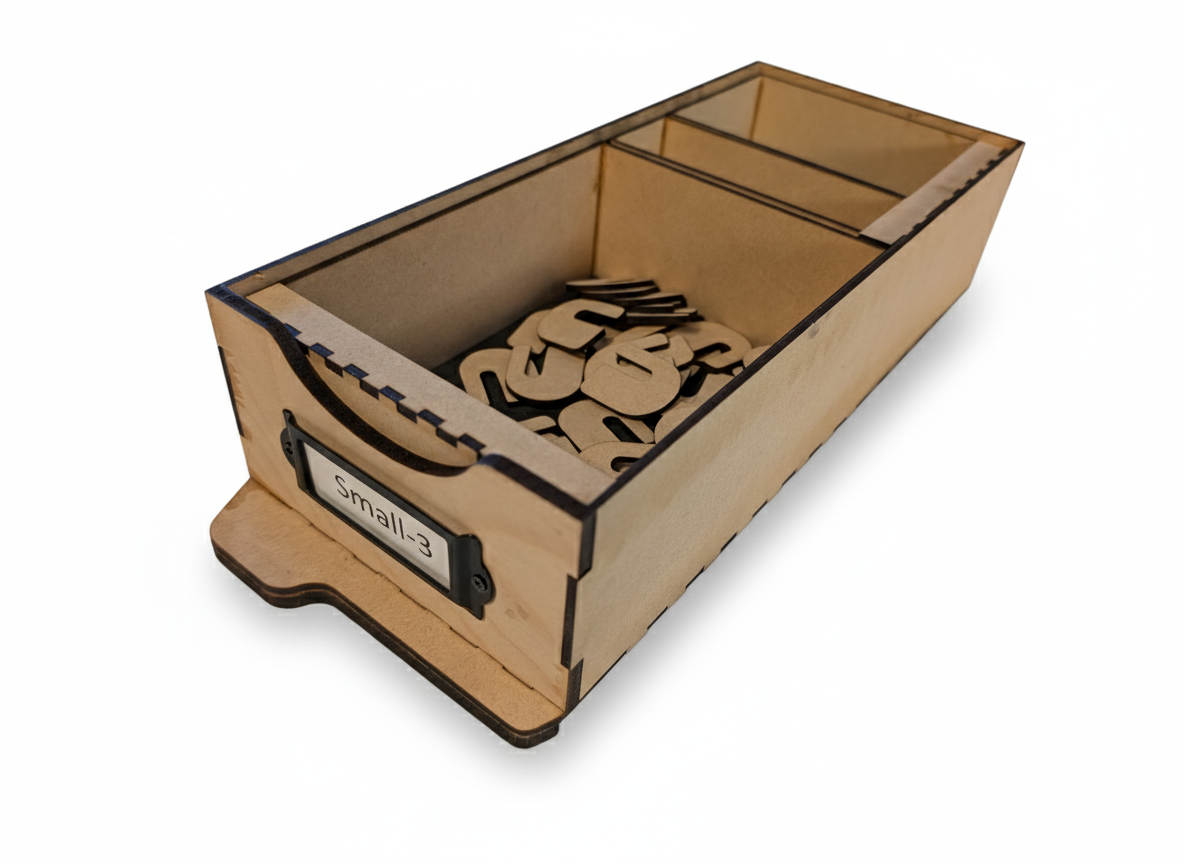 Small wooden box with smaller wooden boxes inside it that contain wooden hooks