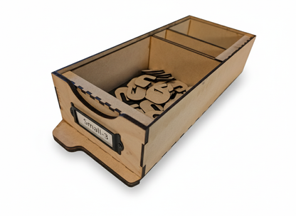 Small wooden box with smaller wooden boxes inside it that contain wooden hooks